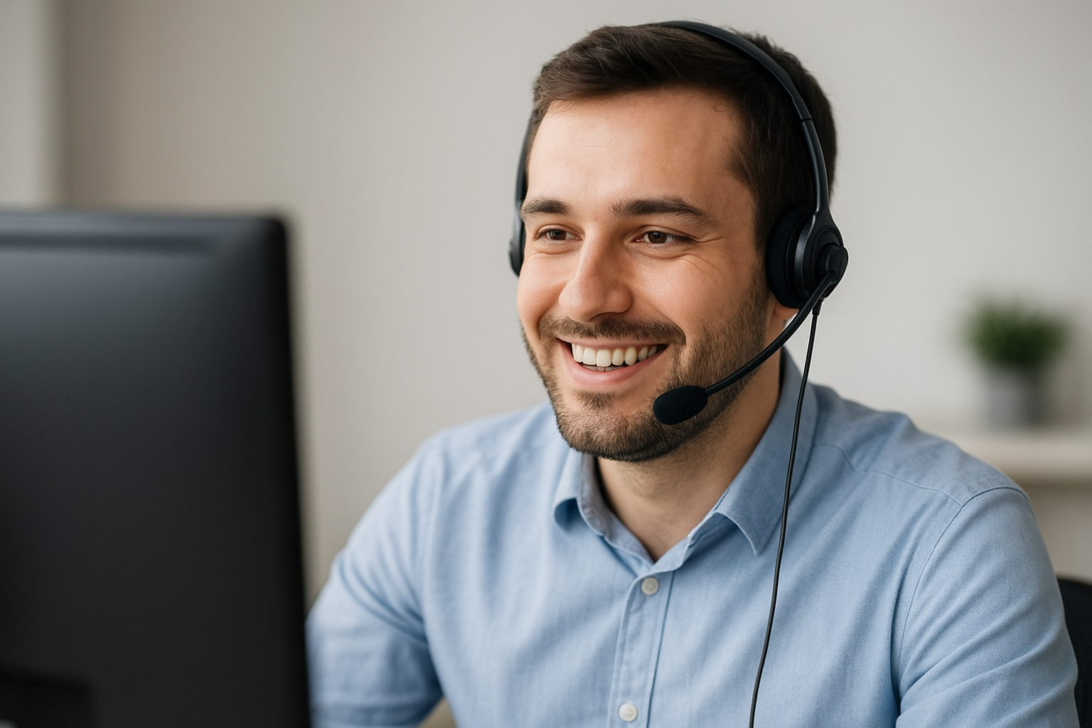 La fotografia di un operatore di customer service davanti al pc con le cuffie in testa